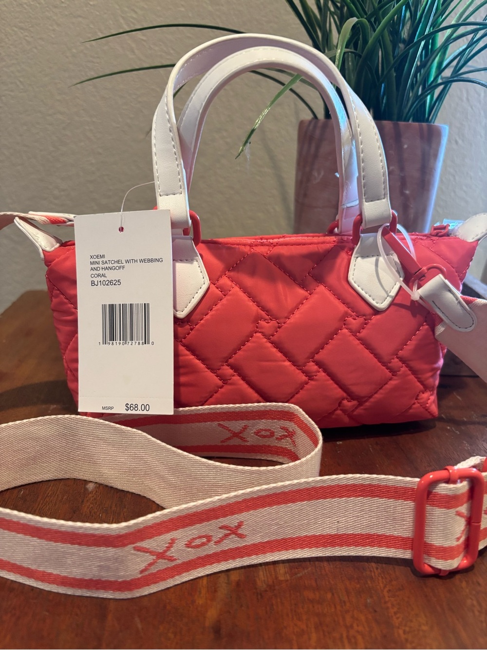 XOXO Coral Quilted Mini Satchel with White Handles and Removable Strap